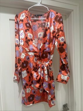 Zara Coral-Orange Floral Satin Wrap Dress